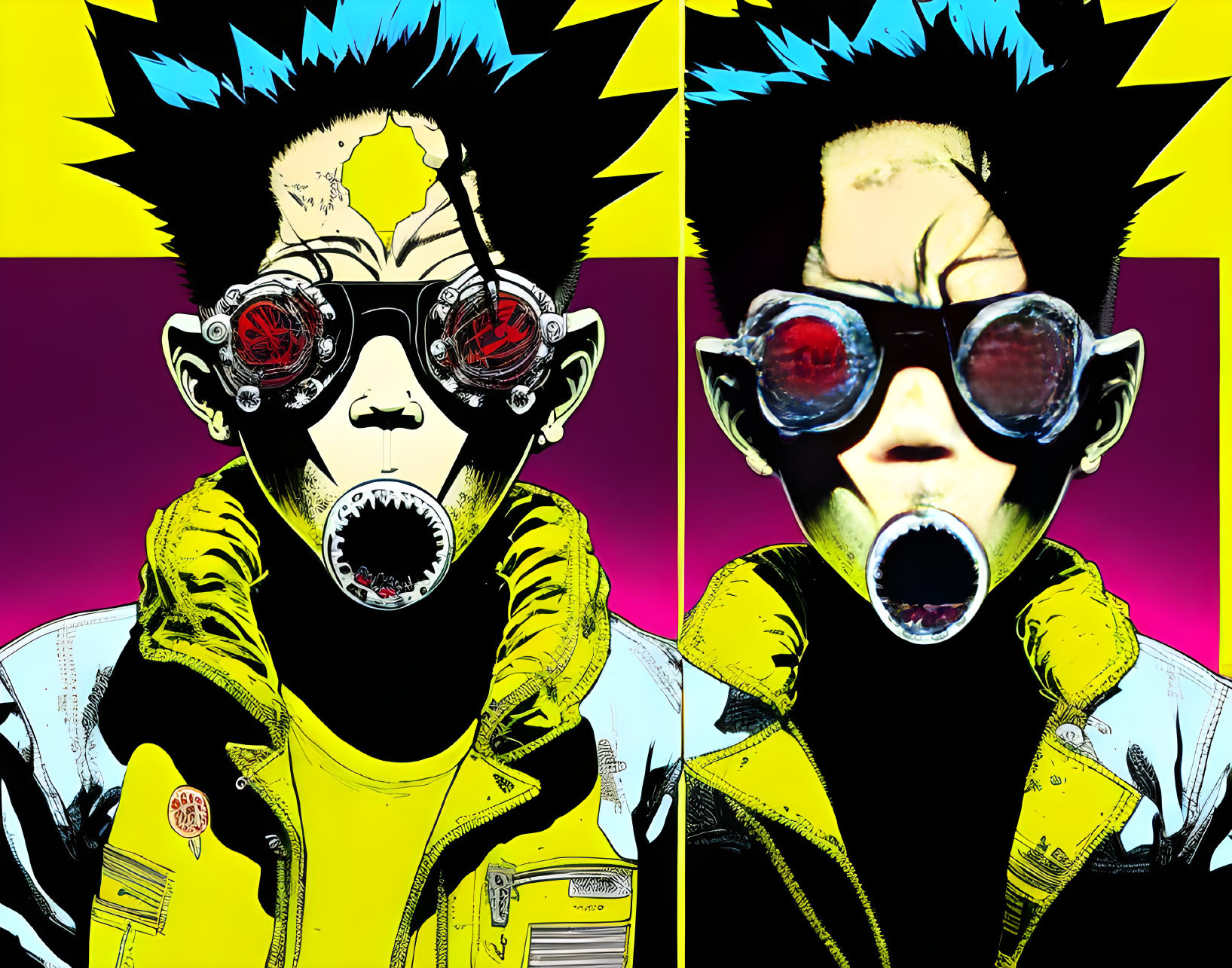 Pop-Art Illustration: Two Characters with Spiked Hair and Goggles on Yellow and Magenta