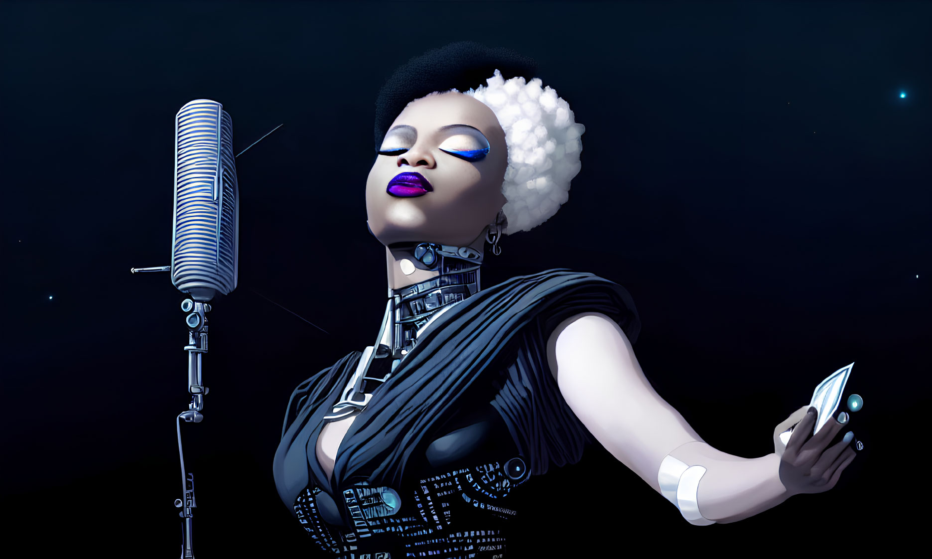 Stylish futuristic female android singing with vintage microphone