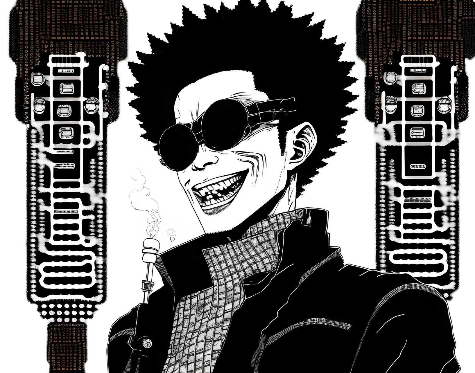 Monochrome illustration of a grinning person with afro and sunglasses smoking, with circuit-like patterns.