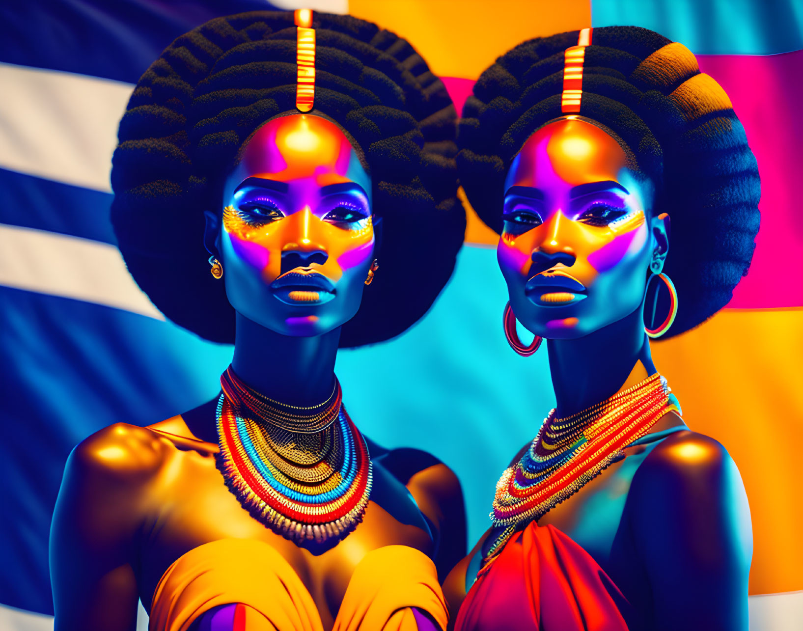 Two women with vibrant makeup and elaborate hairstyles against a colorful striped background.