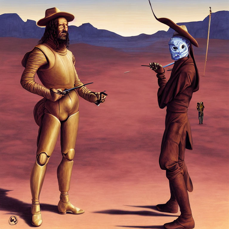 Sci-fi Western characters in desert standoff wearing cowboy attire