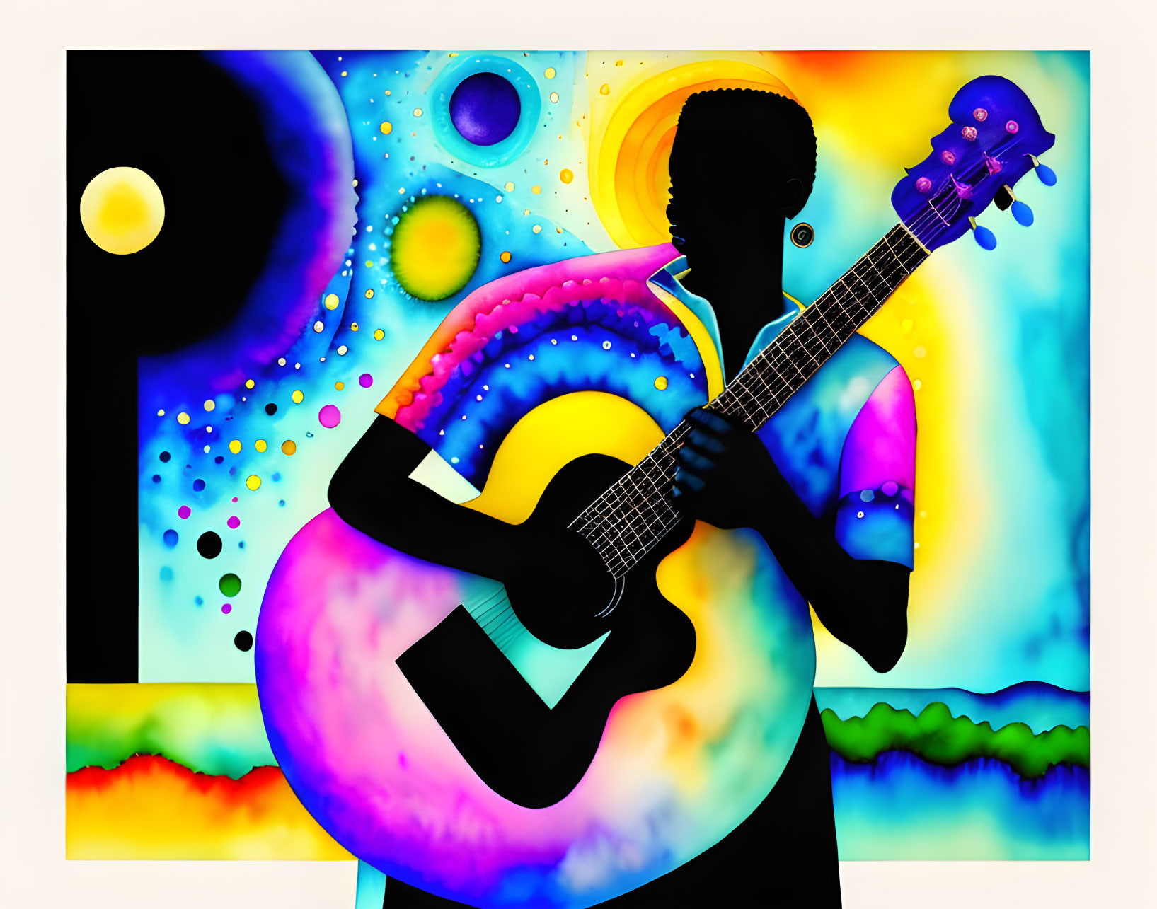 Colorful Guitar Player Silhouette on Psychedelic Celestial Background