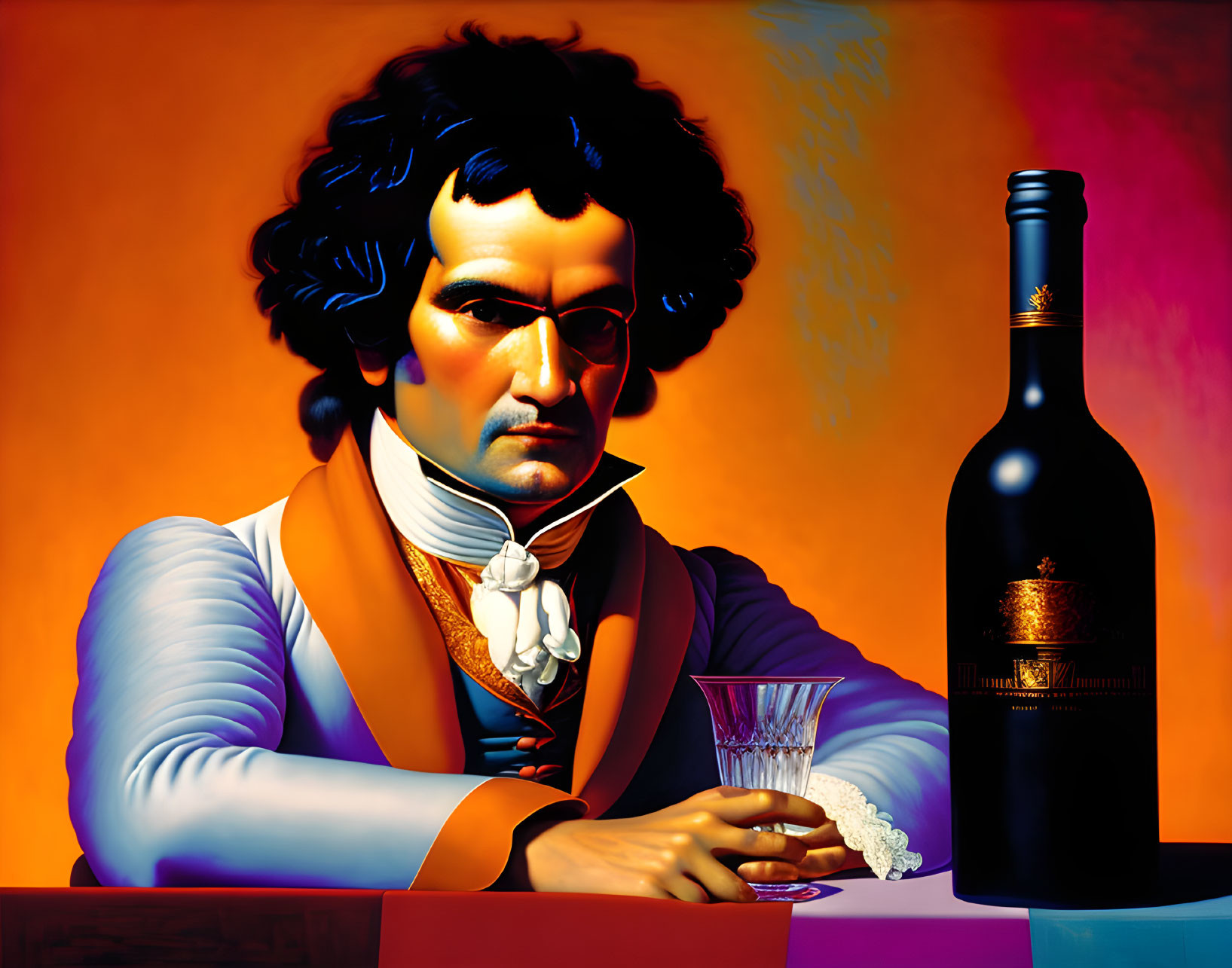 Colorful portrait of man with Beethoven-like hair, historical coat, wine bottle, and glass