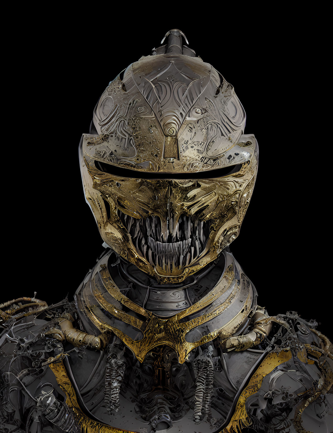 Detailed Biomechanical Helmet with Sharp Teeth and Metallic Gold Design