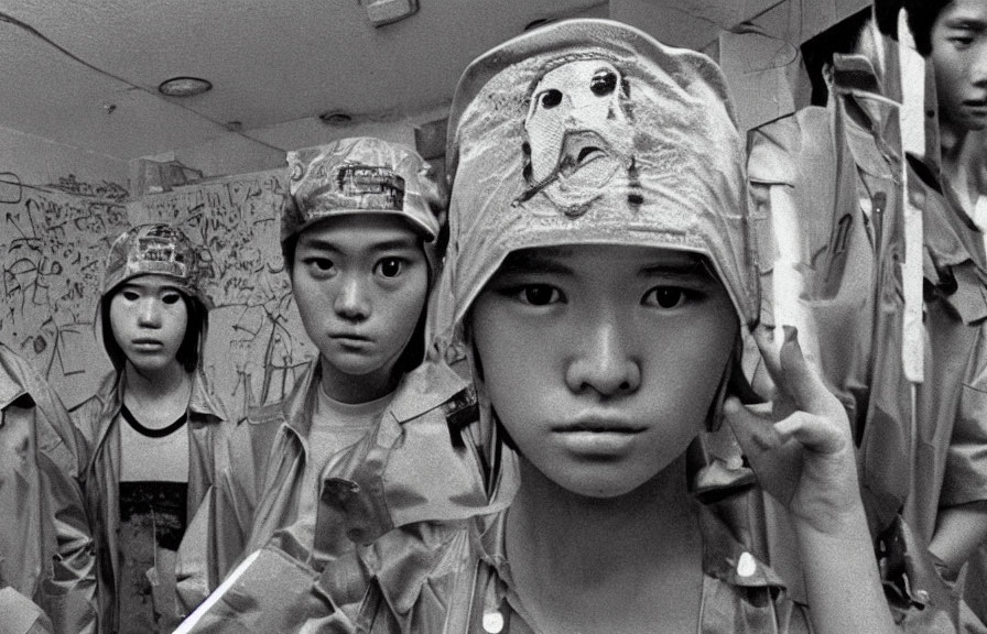 Monochrome image of people in military attire with face print hats in graffiti-filled room