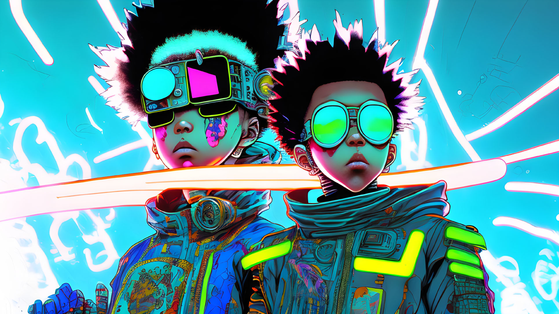 Futuristic stylized characters in neon outfits on vibrant abstract background