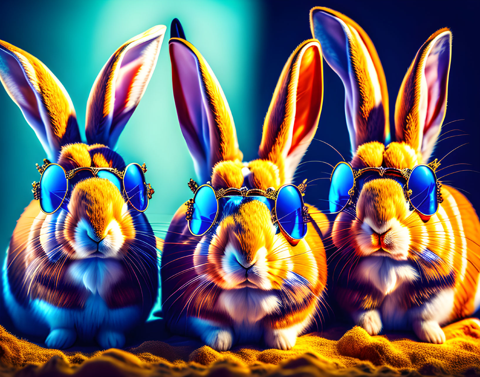 Vibrant Blue and Yellow Background with Stylish Rabbits in Sunglasses