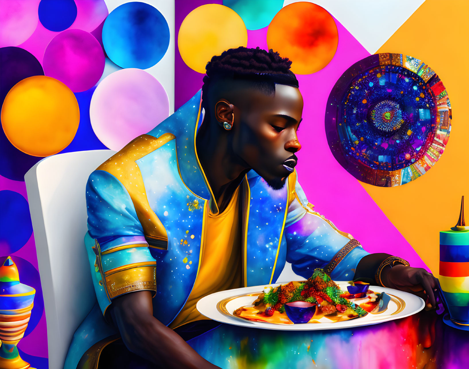 Man with Stylish Haircut Seated Before Vibrant Dish in Abstract Setting