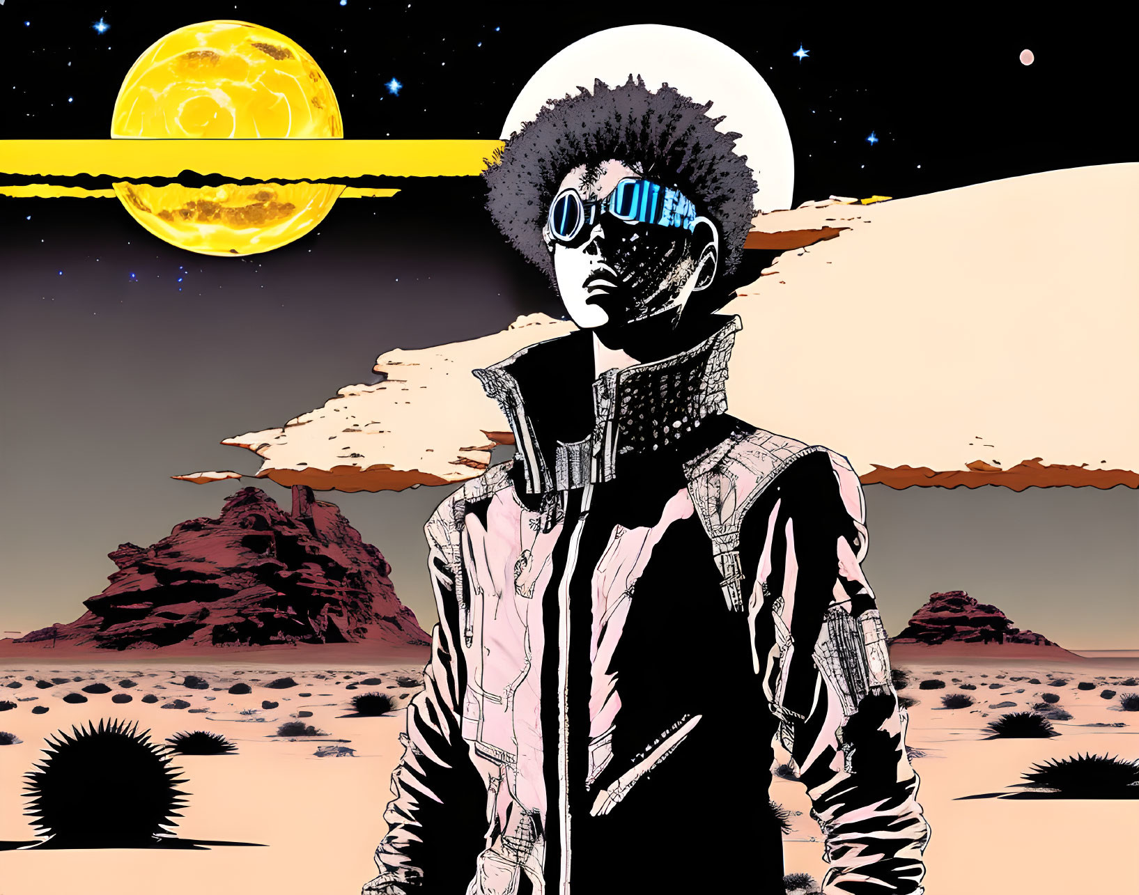 Stylized character with afro and futuristic glasses on alien desert planet