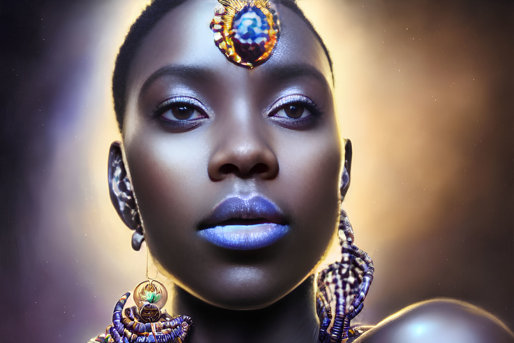 Close-up portrait of woman with blue lipstick, ornate earrings, and colorful forehead jewel on glowing backdrop