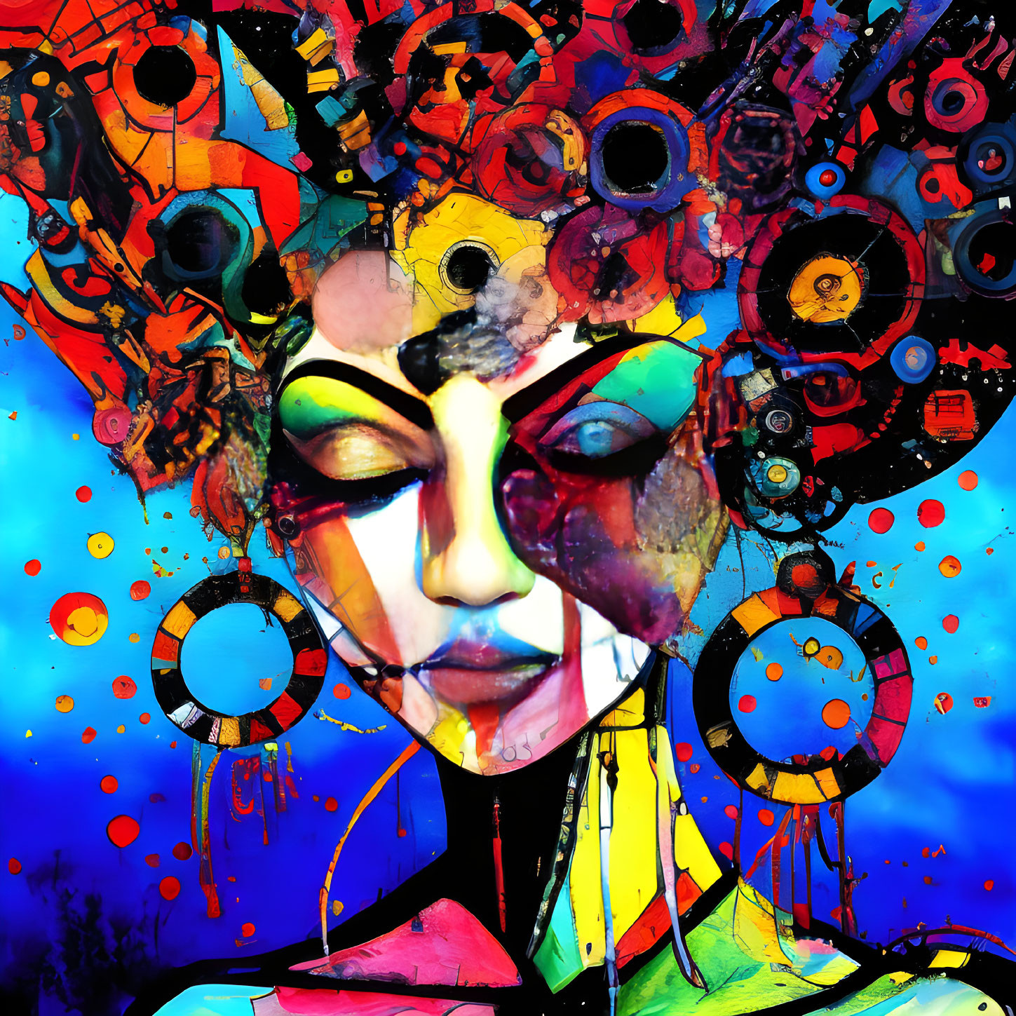 Colorful Abstract Artwork Featuring Feminine Face with Gears