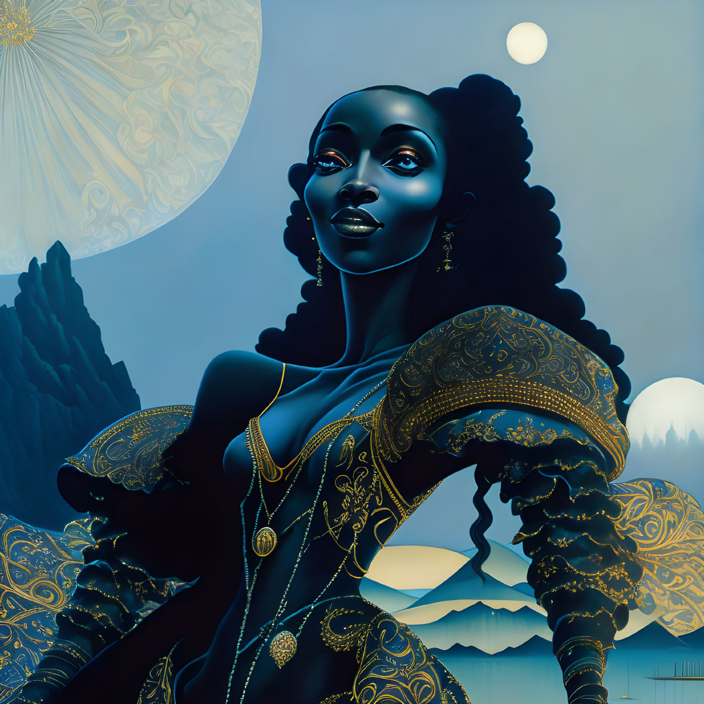 Dark-skinned woman with ornate hair and gold jewelry in a fantasy landscape.