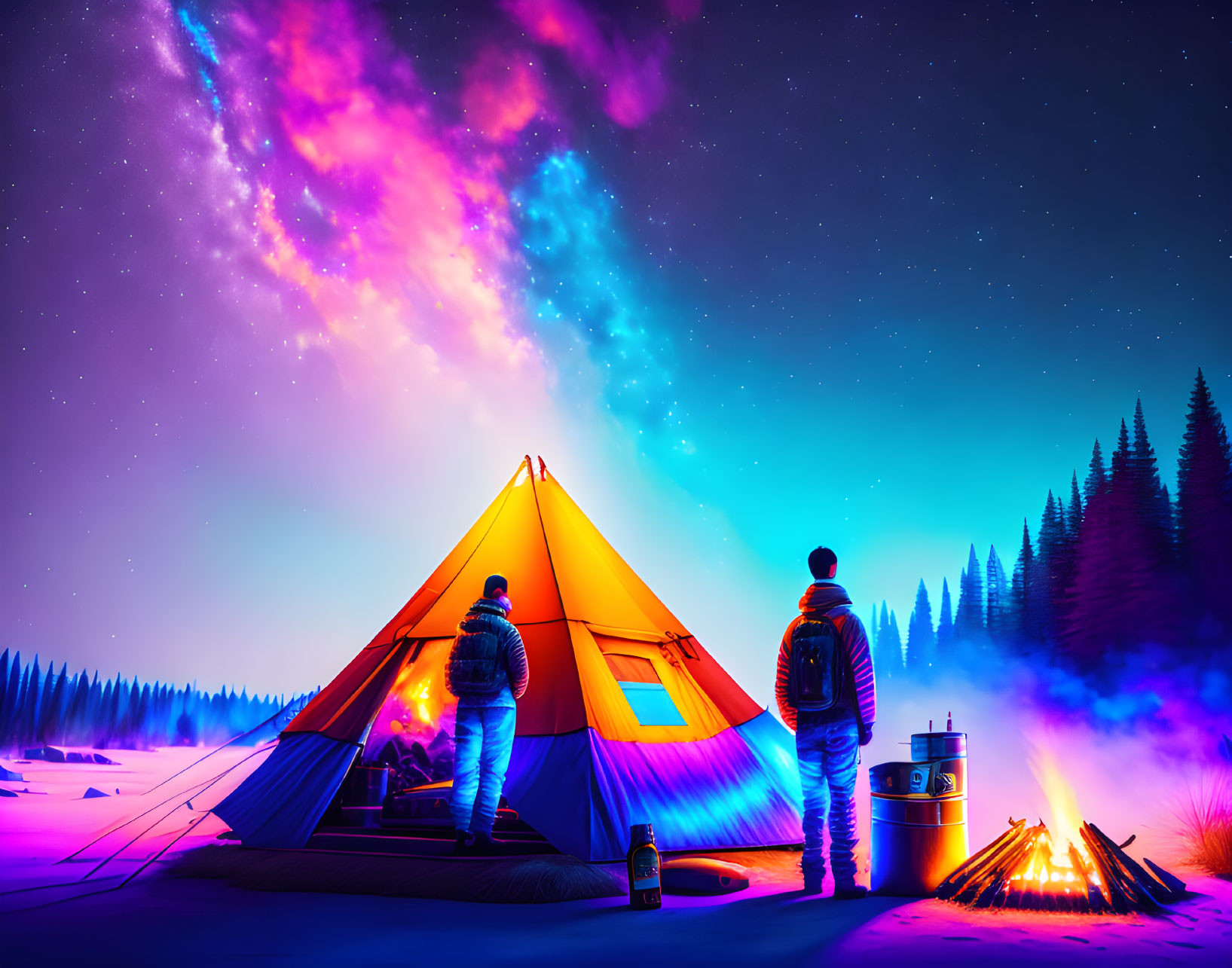Person standing next to tent under vibrant starry sky with campfire and colorful aurora.