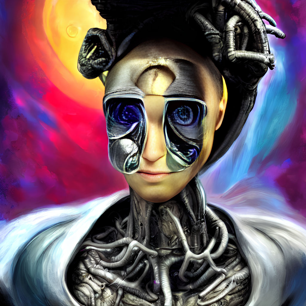 Surreal portrait of figure with snake-like hair and cosmic face paint