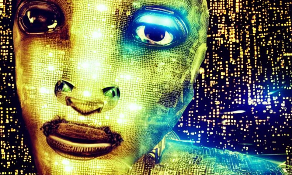 Digital Artwork: Glowing Blue-Eyed Face with Green Binary Code Matrix