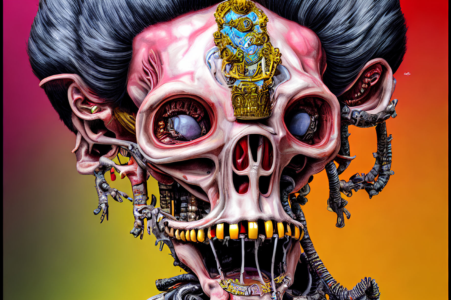 Colorful Skull Artwork with Golden Ornaments on Gradient Background