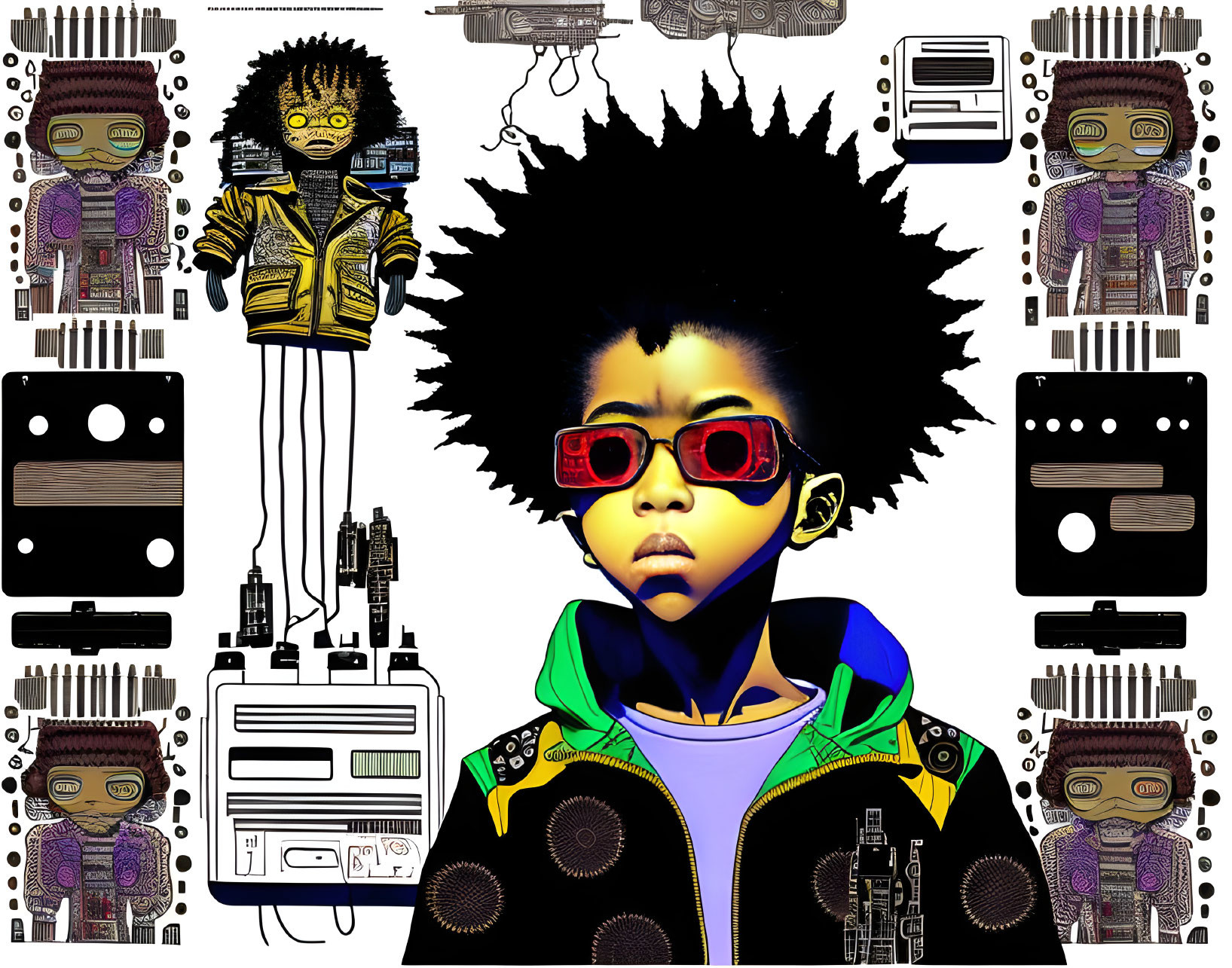 Vibrant illustration: boy with Afro and sunglasses among retro electronics and cassette tapes