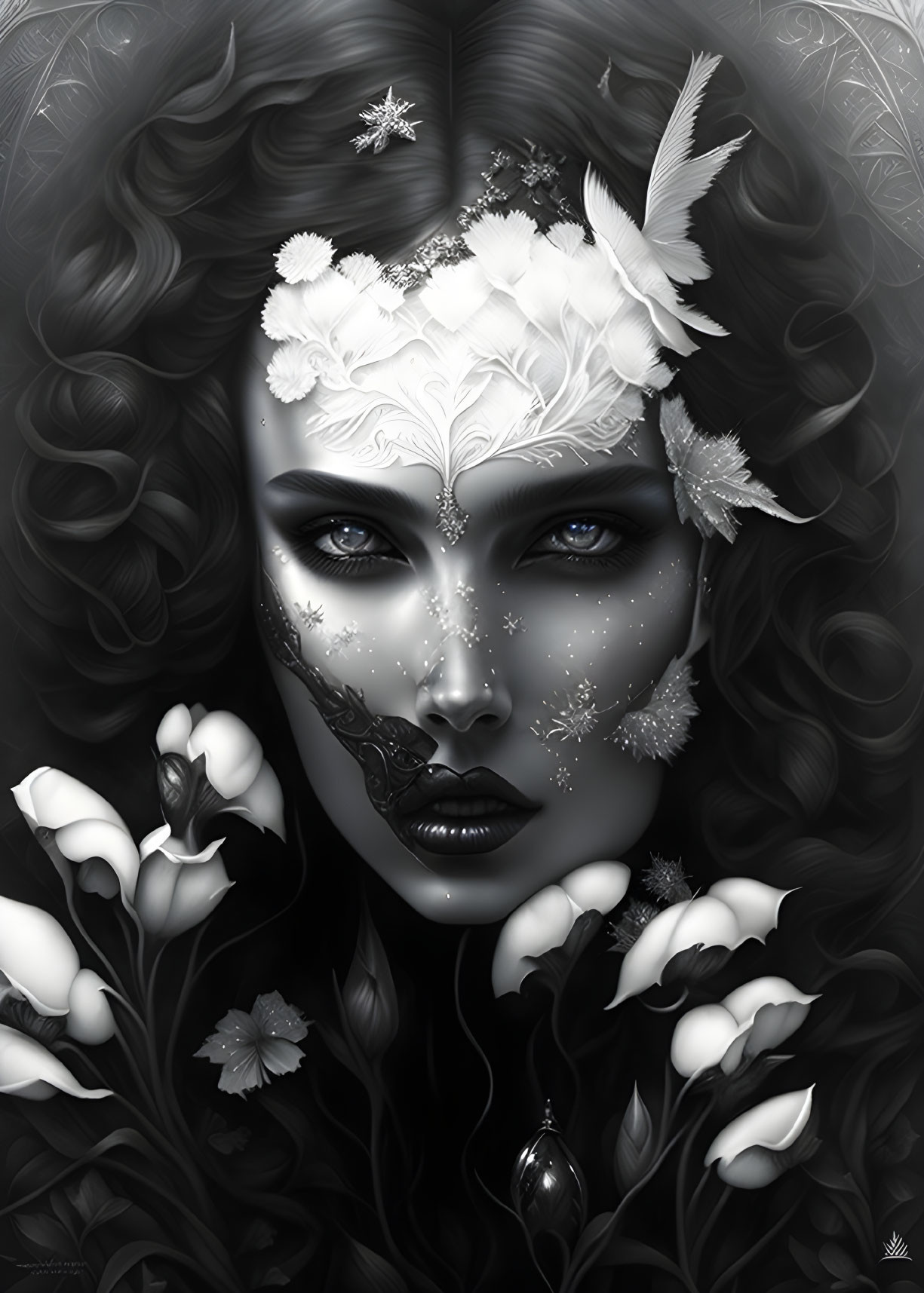 Monochromatic artwork: Woman with intricate white patterns, feathered headdress, and flowers.