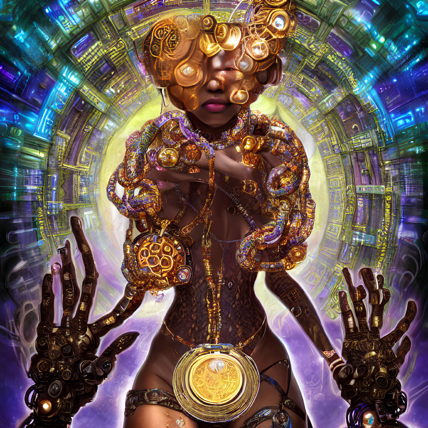 Futuristic woman with gold jewelry and mechanical gloves in cybernetic setting