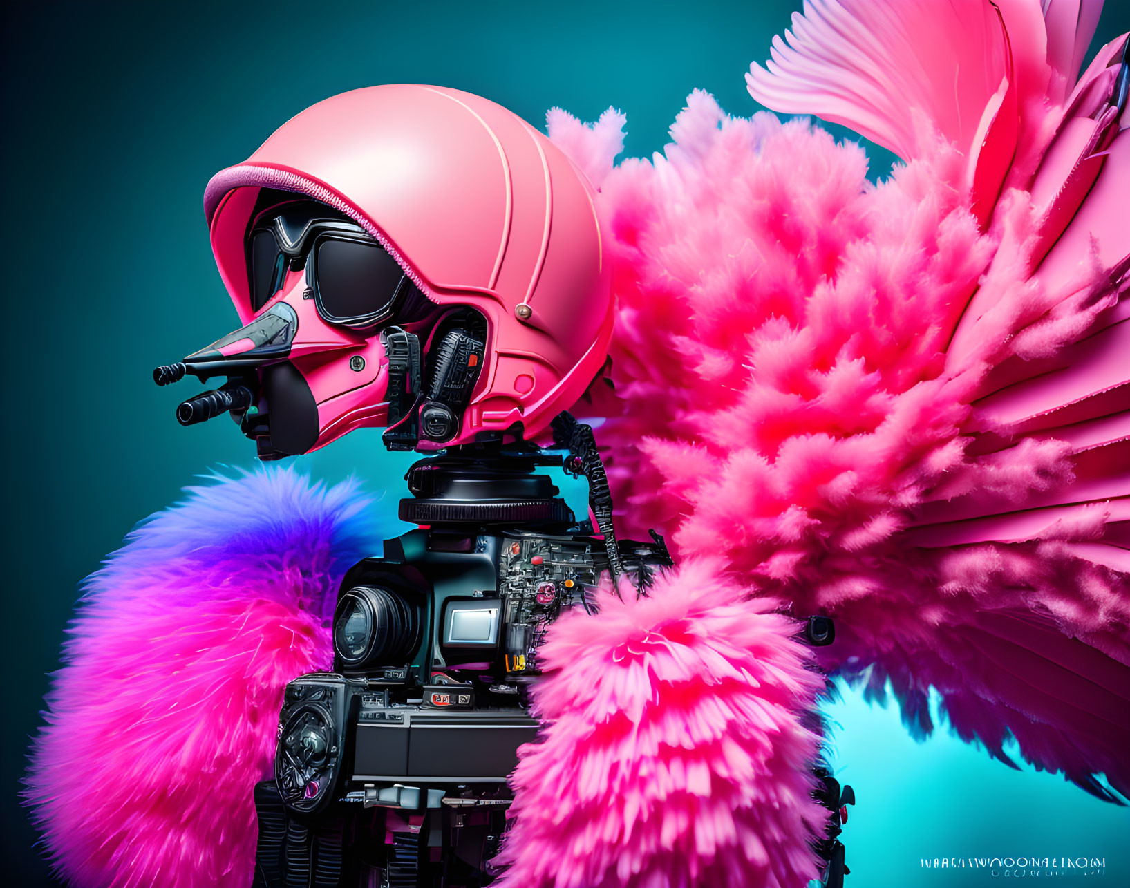 Vintage Camera and Pink Motorcycle Helmet with Feathers on Teal Background