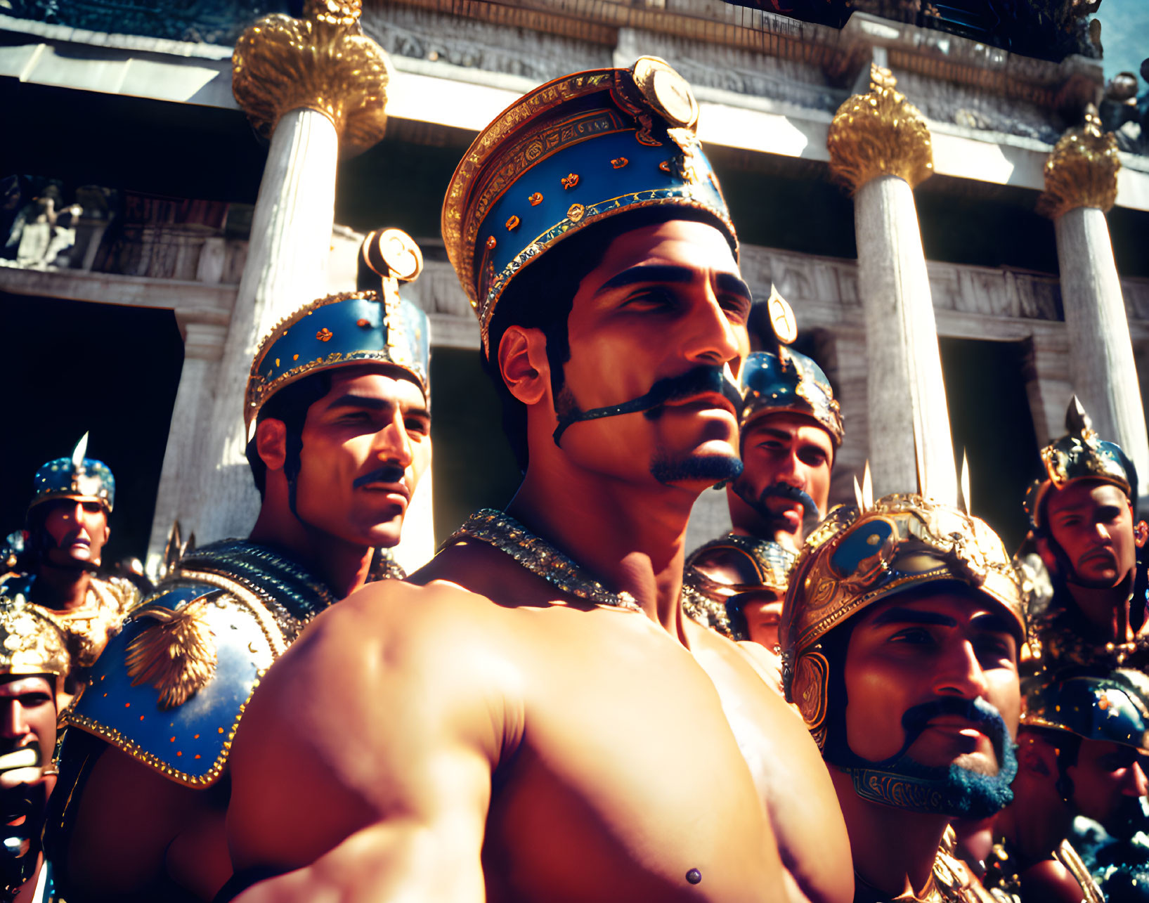 Ancient warrior costumes with helmets and classical building in background