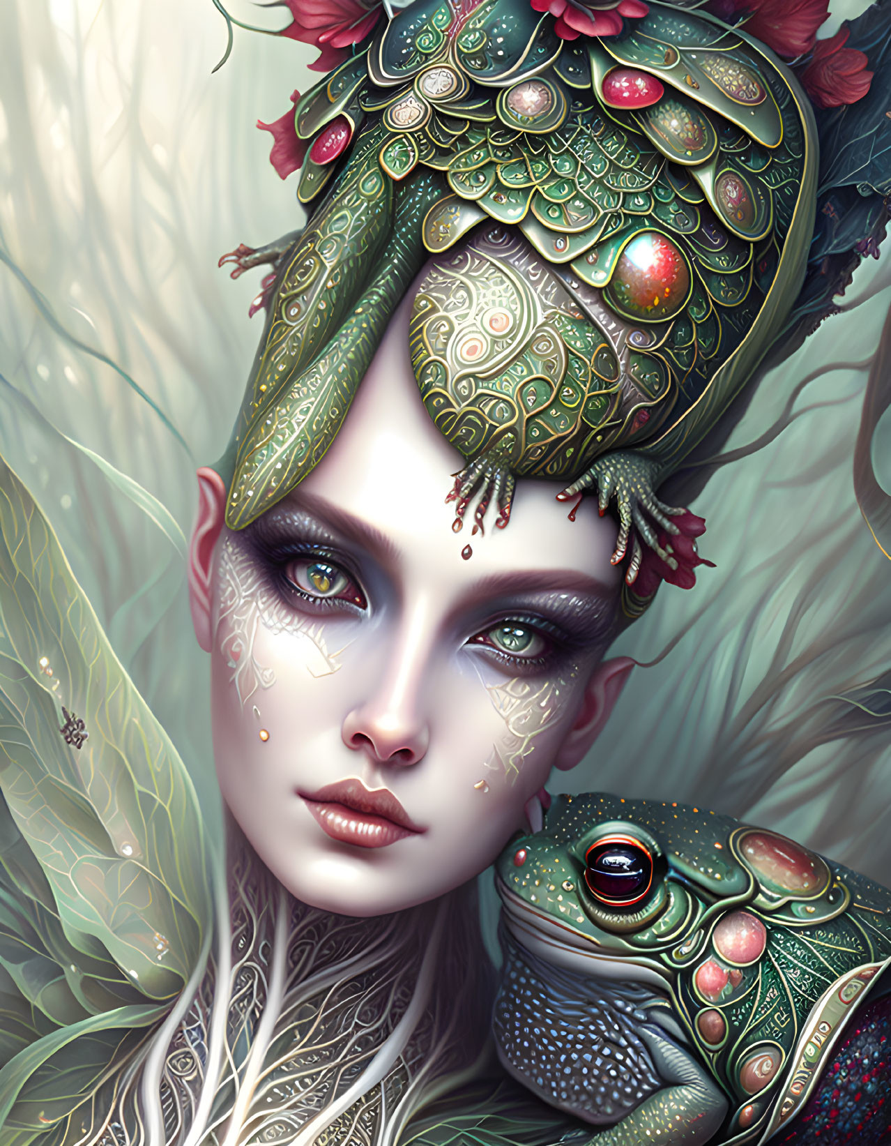 Fantastical portrait of person with reptilian skin texture and jeweled headdress.