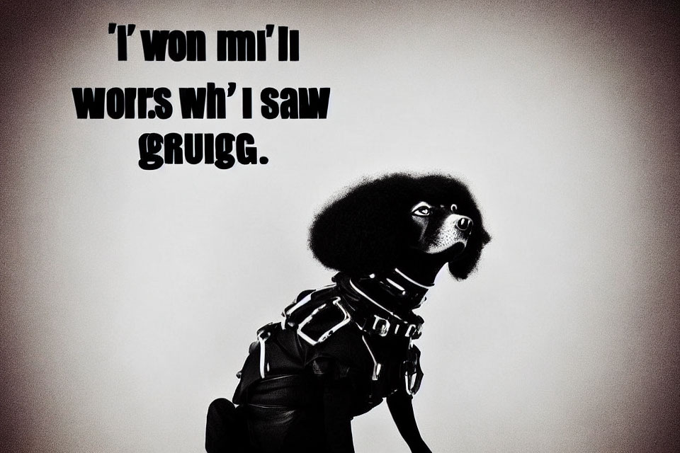 Fluffy dog with afro-like head and leather harness in humorous text overlay.