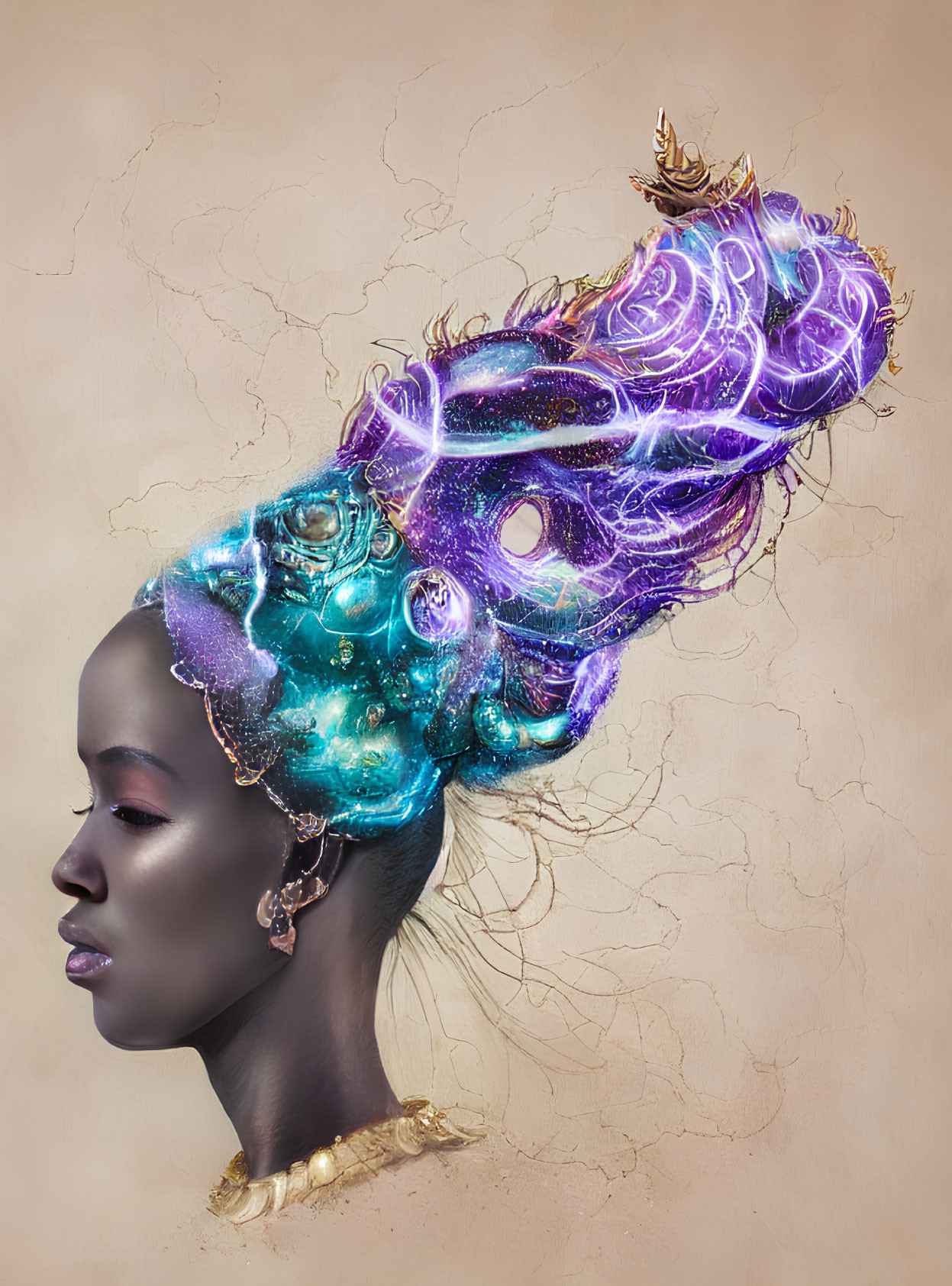 Cosmic-themed woman profile portrait in vivid purple and blue hues