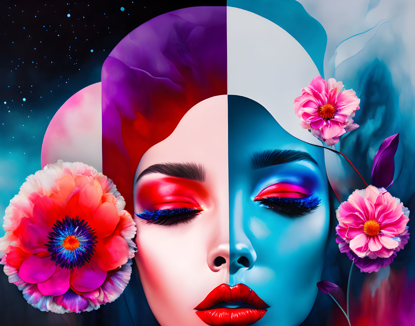 Vibrant pink and blue digital artwork of a woman's face with cosmic background