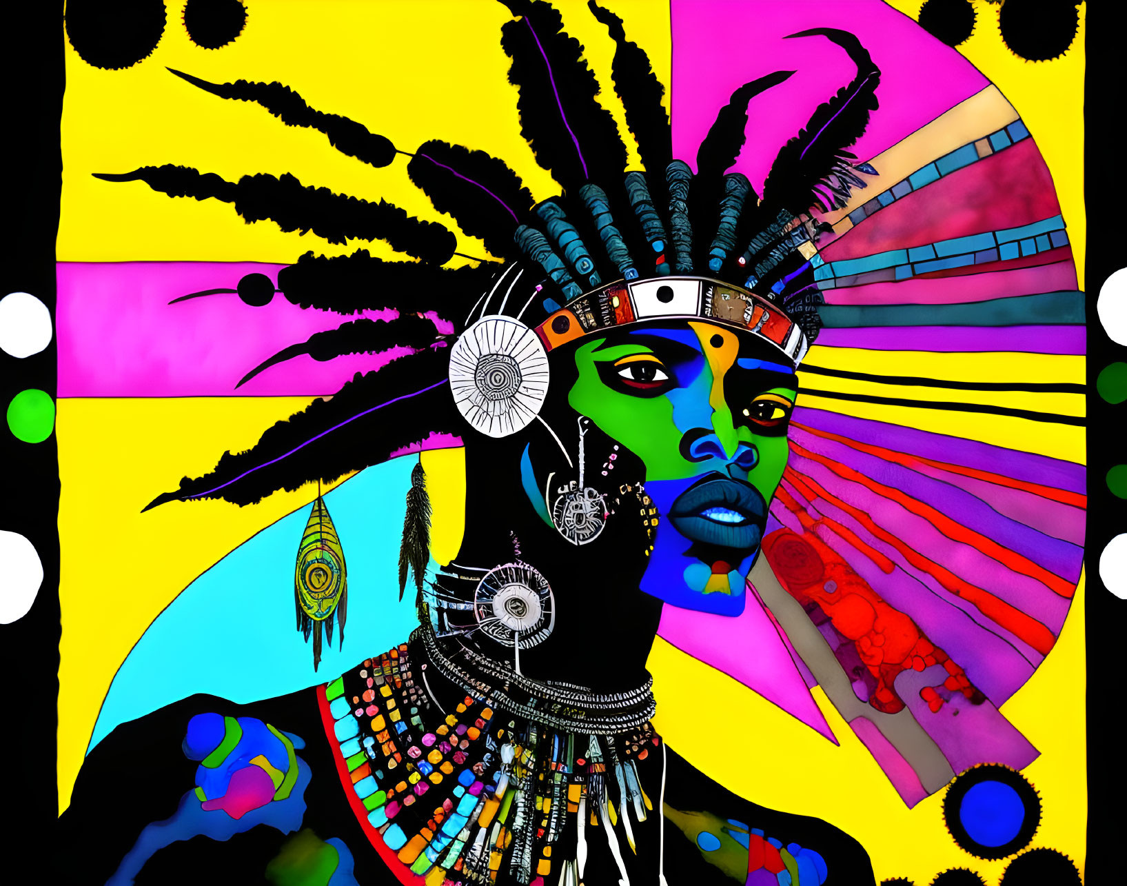 Colorful digital art: woman with headdress and jewelry, abstract geometric background