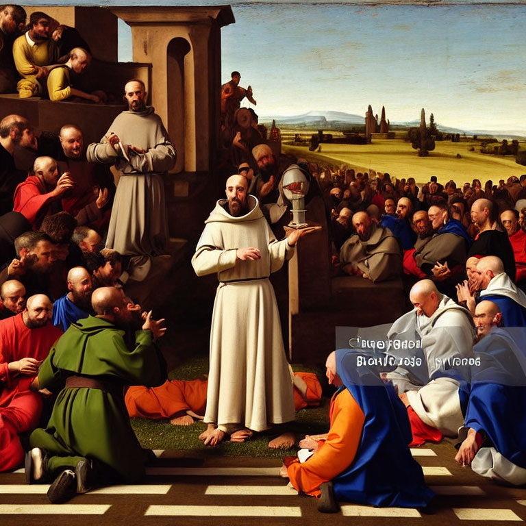 Religious painting with central preacher and attentive monks in countryside