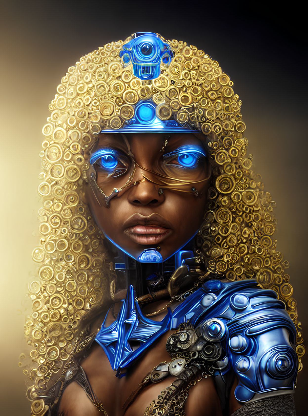 Woman with Cybernetic Enhancements: Blue Glowing Eyes, Mechanical Limbs, Gold Headgear