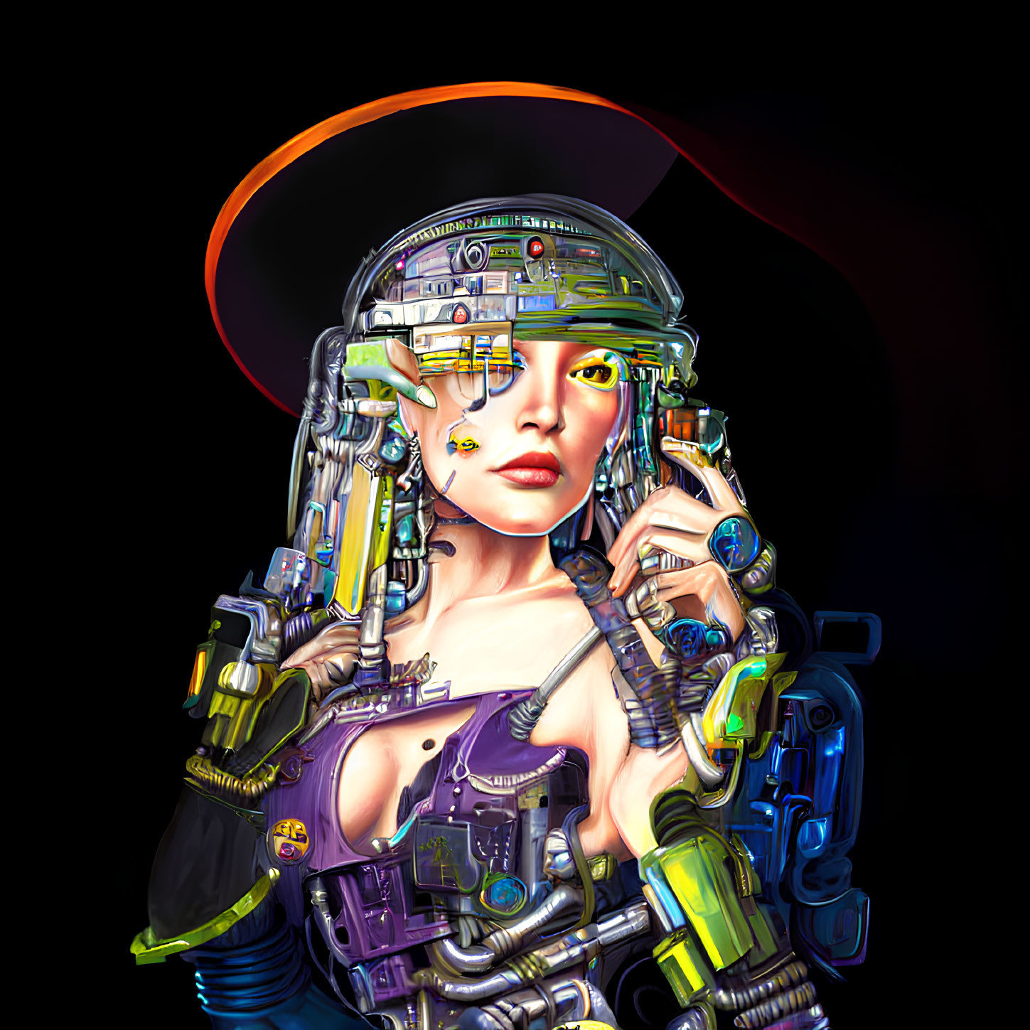 Futuristic female cyborg with glowing yellow eyes and cybernetic arms