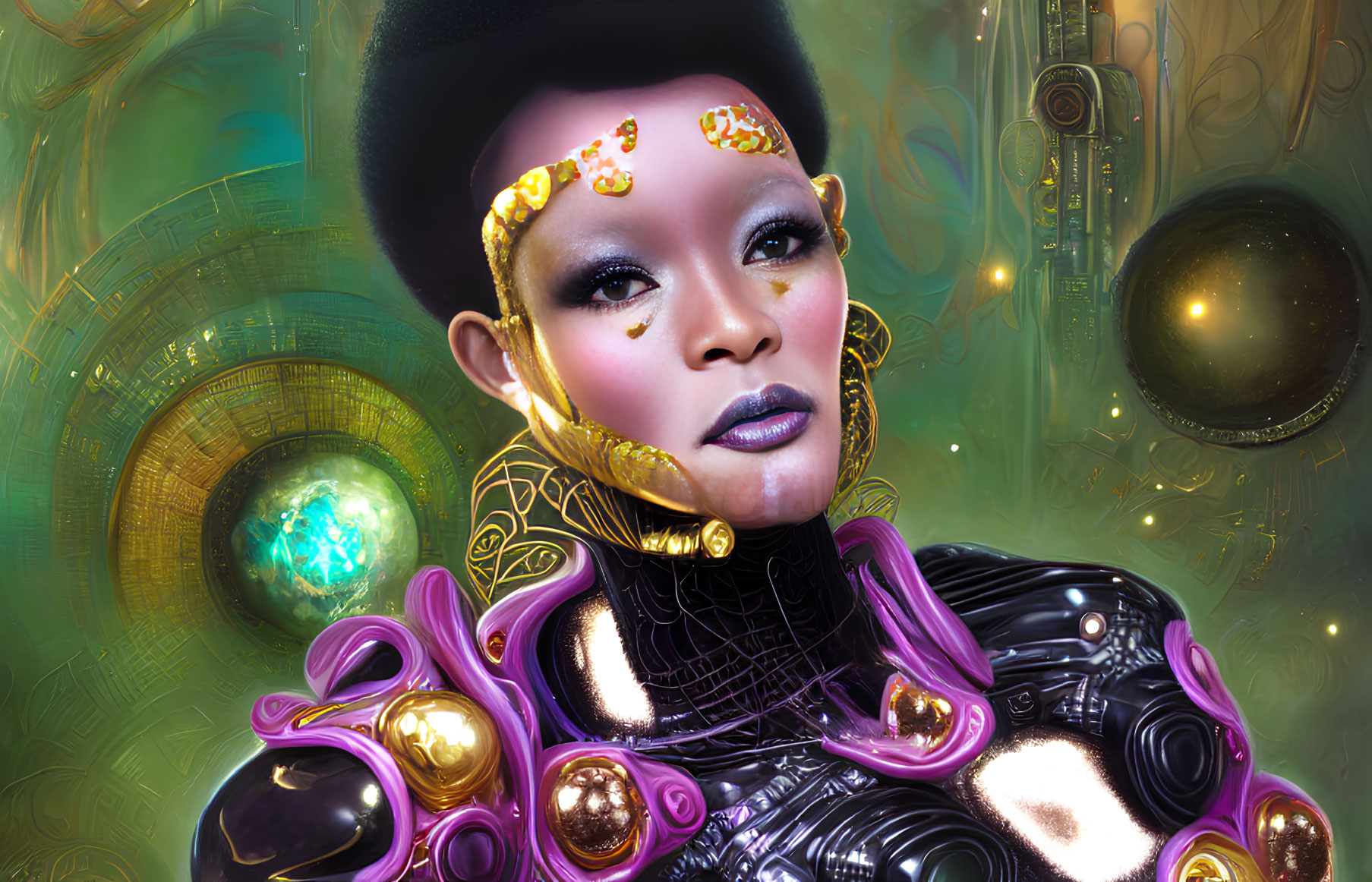 Futuristic woman with afro and golden adornments in black attire against vibrant background