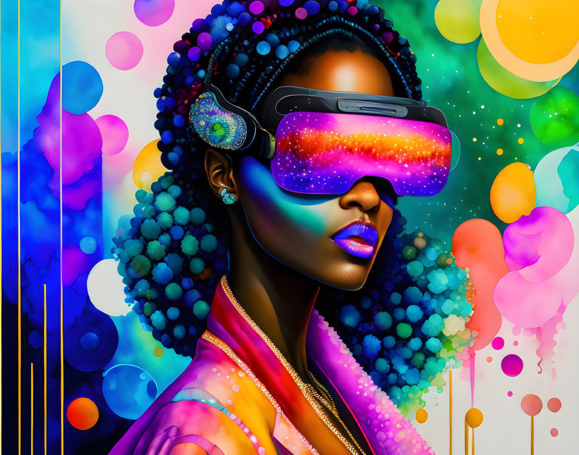 Colorful VR Goggles Woman Surrounded by Abstract Shapes