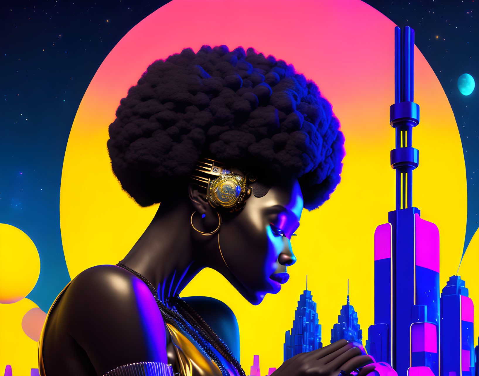 Futuristic portrait of woman with afro and cybernetic earpiece
