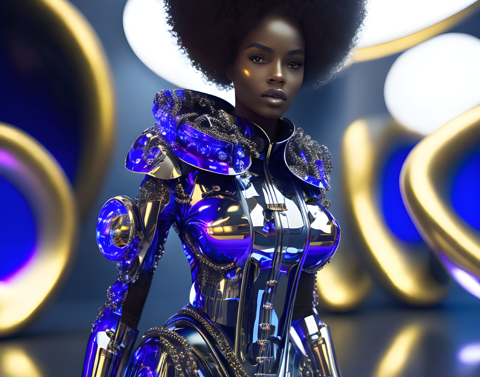 Futuristic African woman in metallic bodysuit with glowing rings