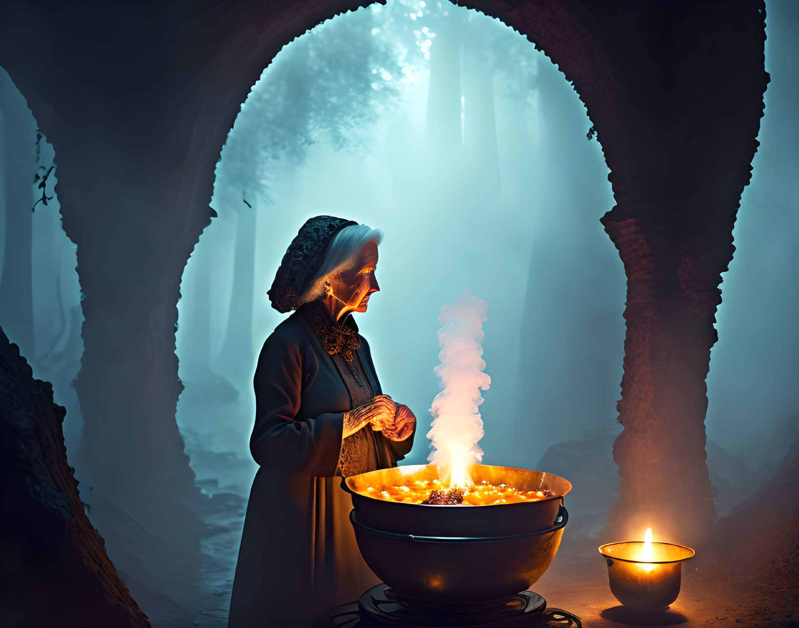 Elderly woman in vintage attire by glowing cauldron in mystical forest cave