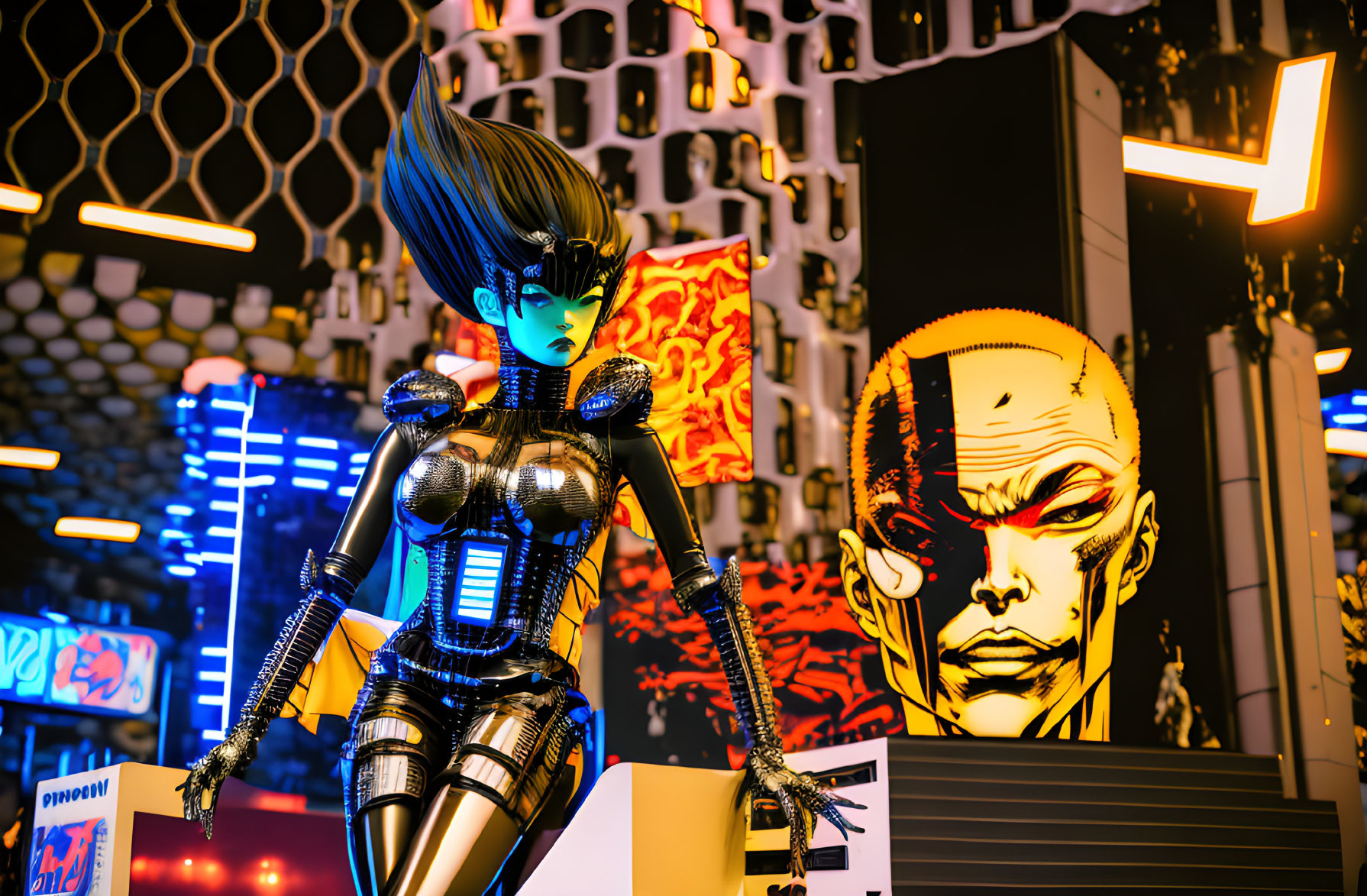 Blue-skinned female android with spiky black hair in neon-lit city