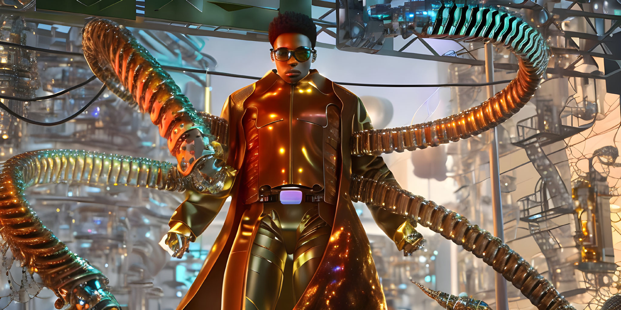 Futuristic individual in golden suit with glowing lines and mechanical tentacles in industrial setting