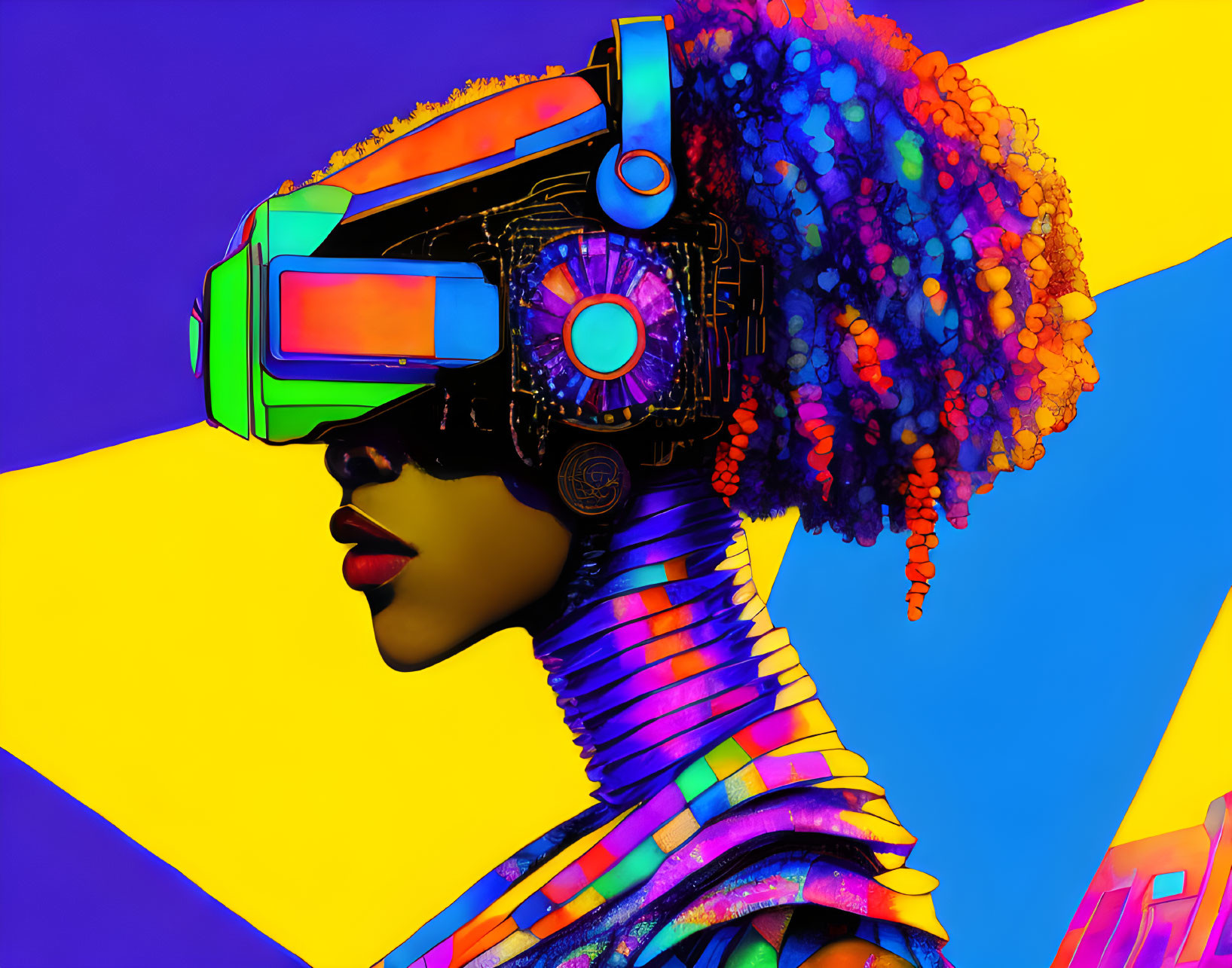 Colorful digital illustration of woman with mechanical body and futuristic visor on geometric backdrop