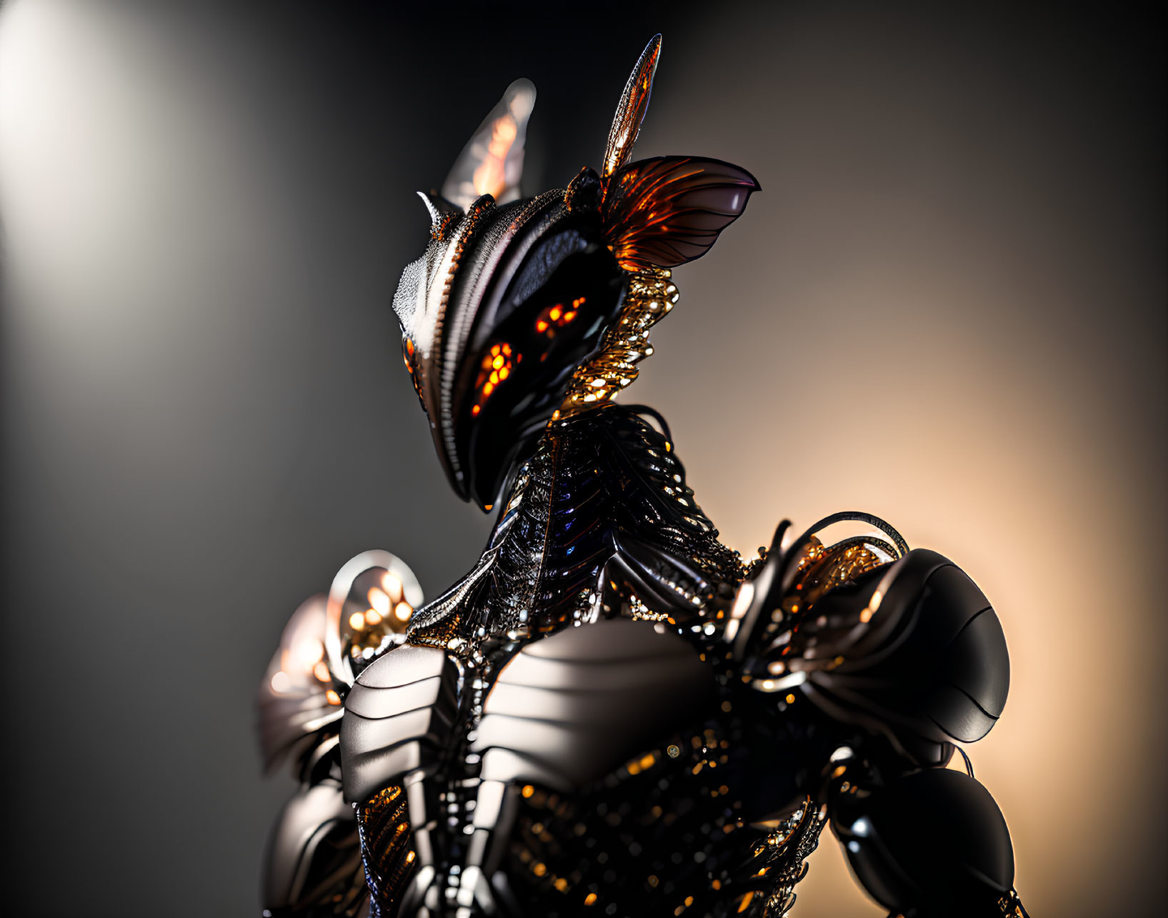 Detailed digital artwork: humanoid figure in black armor with butterfly wings, illuminated by warm glow