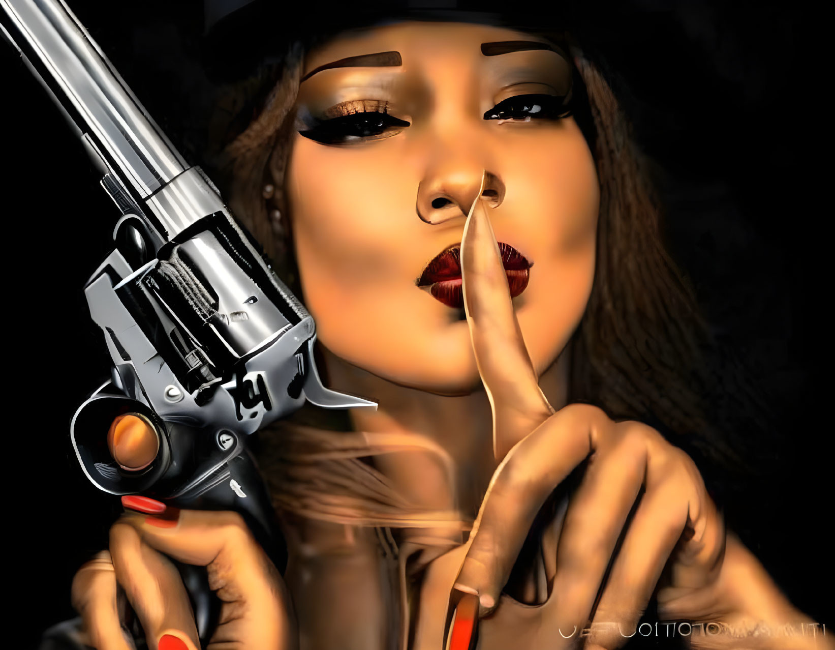 Stylized graphic image: Woman with hat, finger to lips, revolver