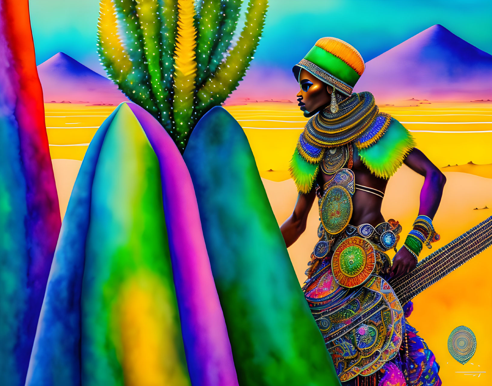 Colorful illustration of woman with beaded jewelry and guitar in desert scene