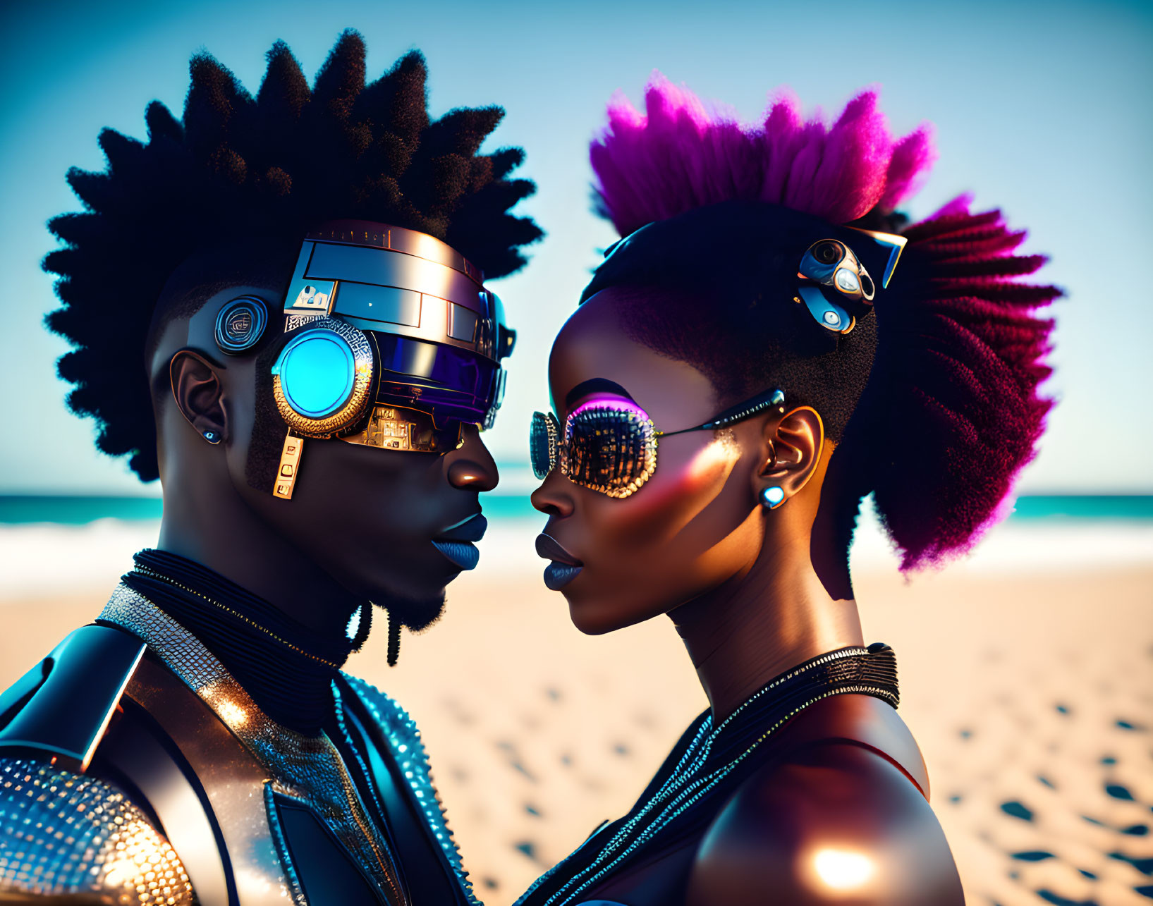 Futuristic characters with cybernetic enhancements on a beach