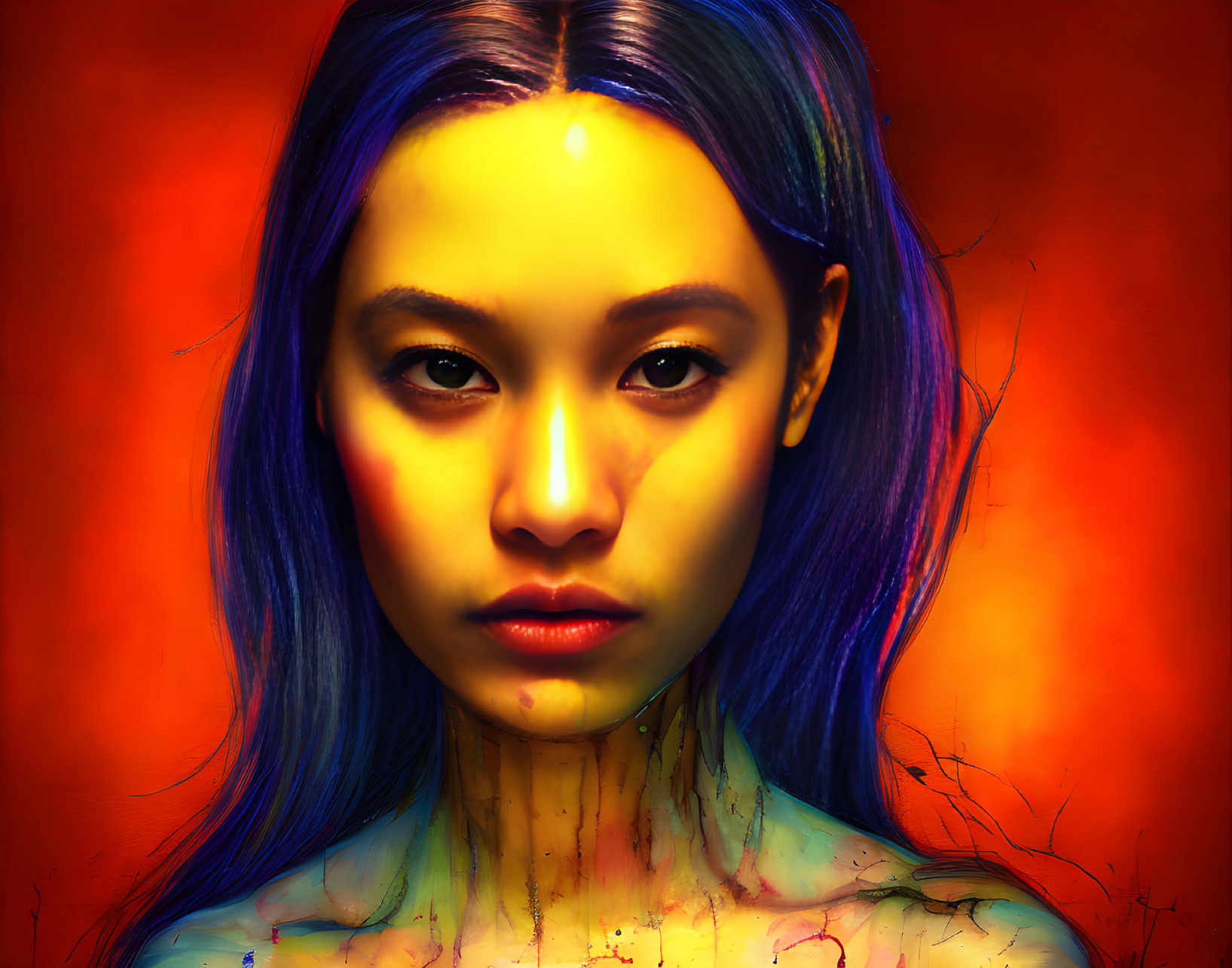 Vibrant digital artwork: Woman with blue hair on fiery orange backdrop