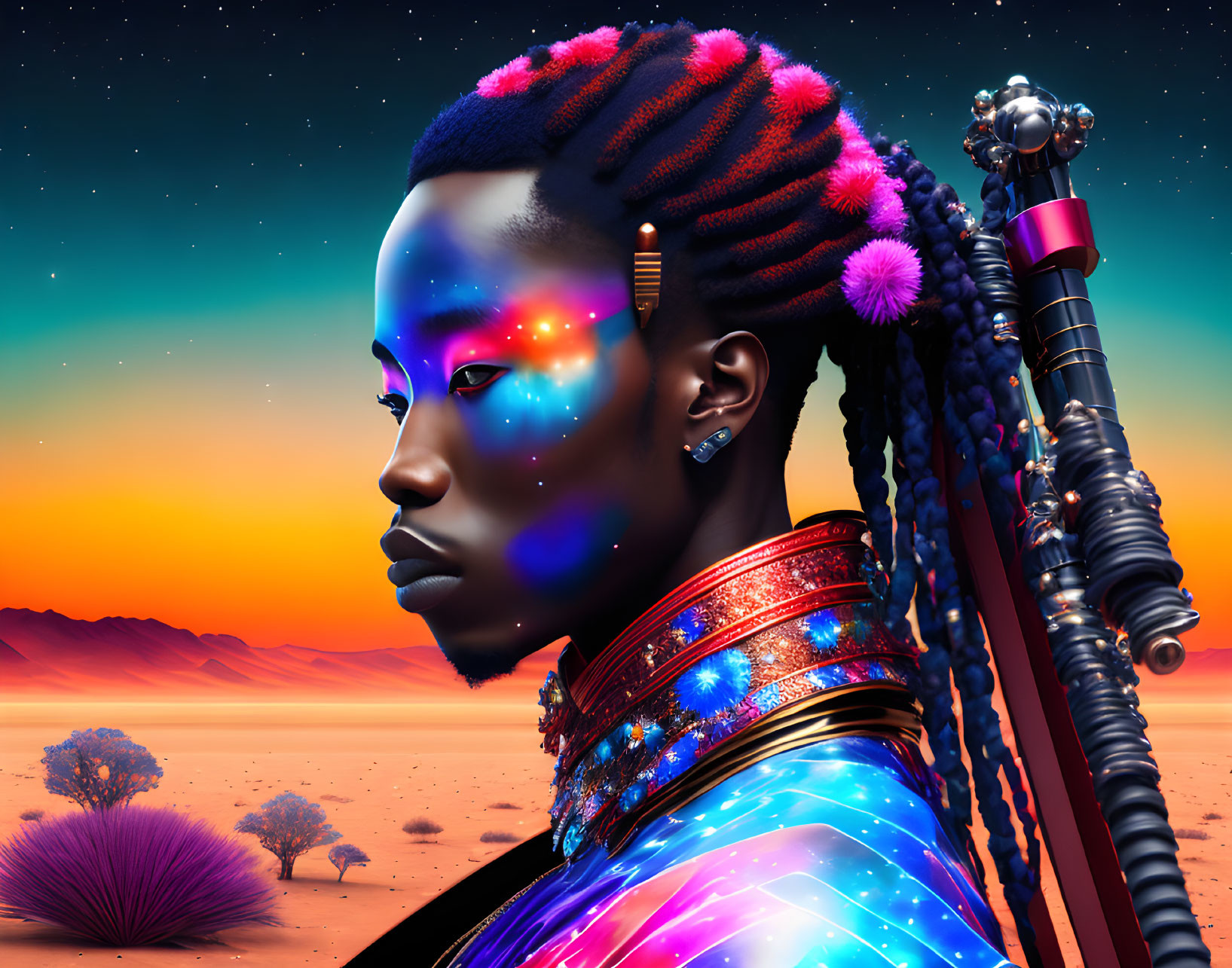 Cosmic-patterned skin and braided hair portrait against desert sunset