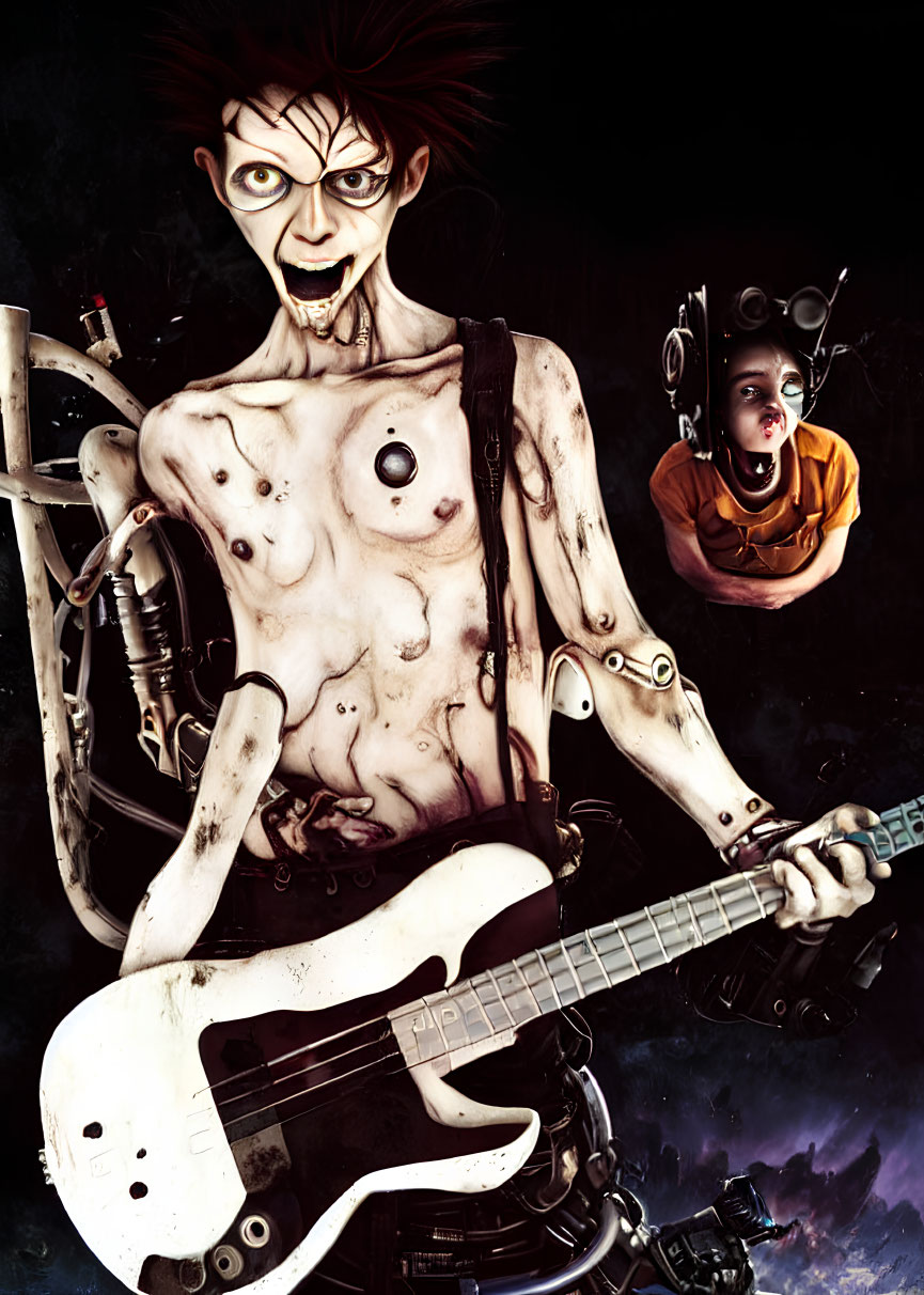 Surreal artwork: Cyborg playing guitar with wild hair and mechanical torso, small figure listening.