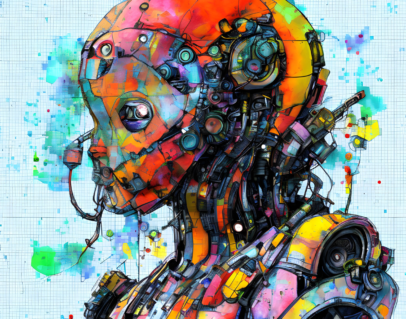 Colorful Robot Head Artwork with Mechanical Details & Grid Background