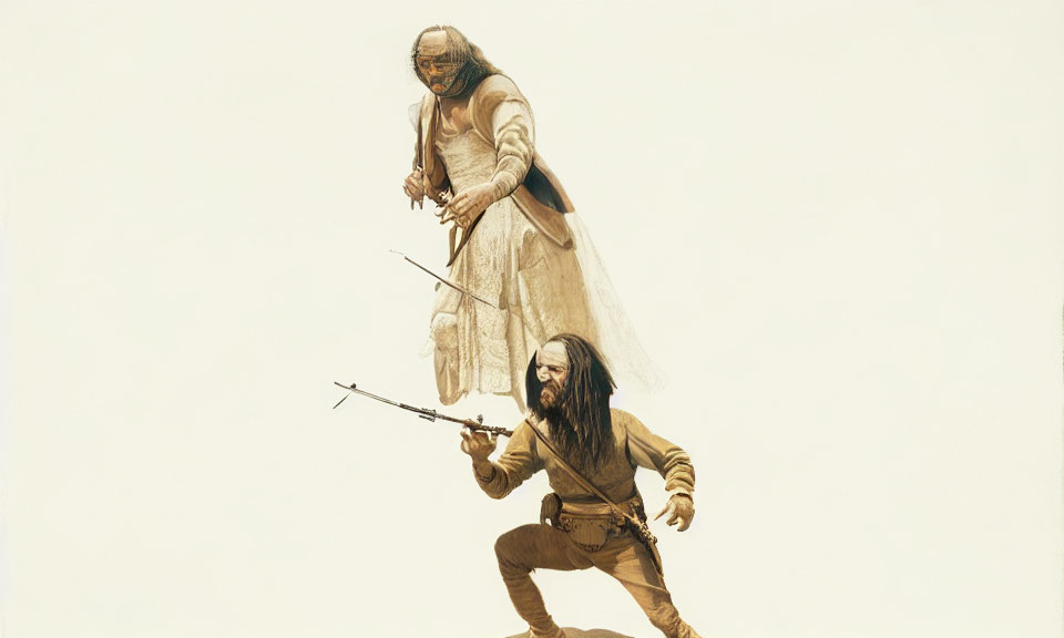 Historical costume person holds arrows with towering character illustration